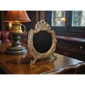 Vintage ORNATE Gold Metal Hollywood Regency Floral Easel Back Table Top Mirror